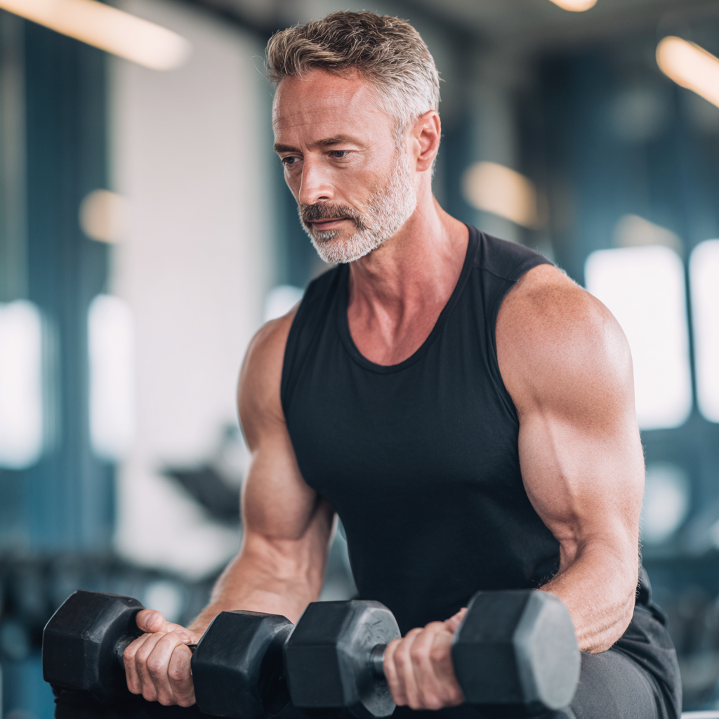 50 years old man doing strength training with dumbbells in modern fitness studio