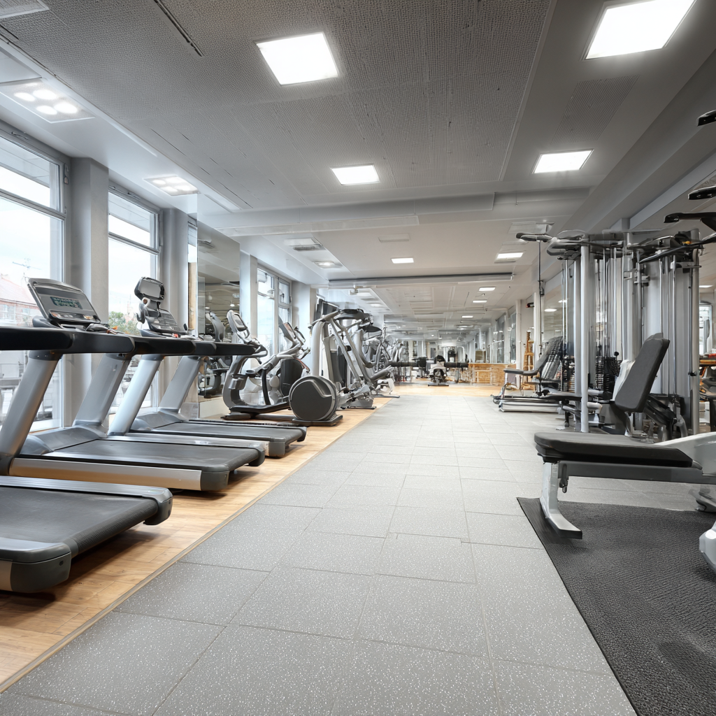 Modern fitness facility interior with professional equipment and 52 years old adults training
