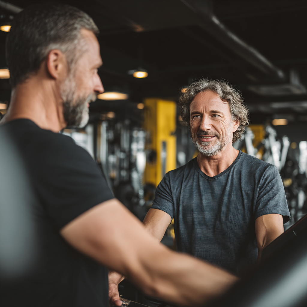 Professional 51 years old fitness trainer working with 50 years old adult client in well-equipped gym